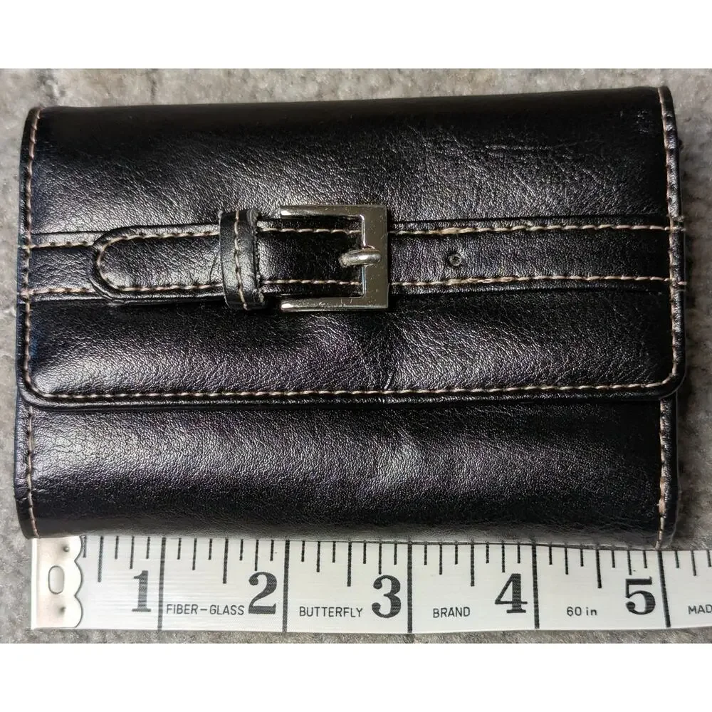 Wilsons Black Leather Trifold Wallet WOMENS SMALL buckle white stitch minimalist